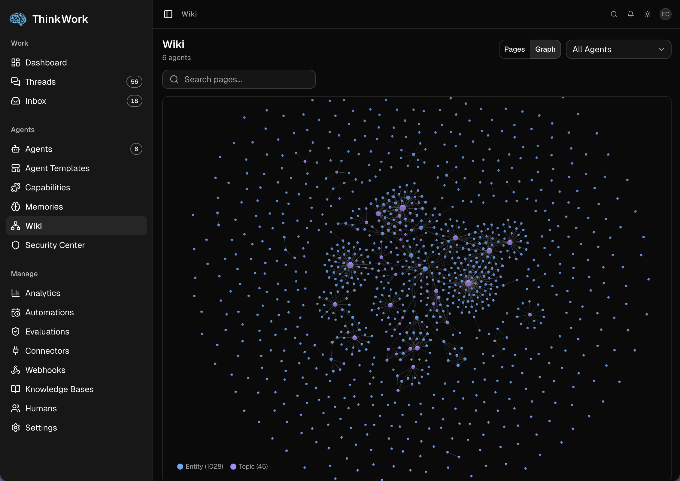 ThinkWork memories page showing an interactive knowledge-graph visualization of memory entities across agents