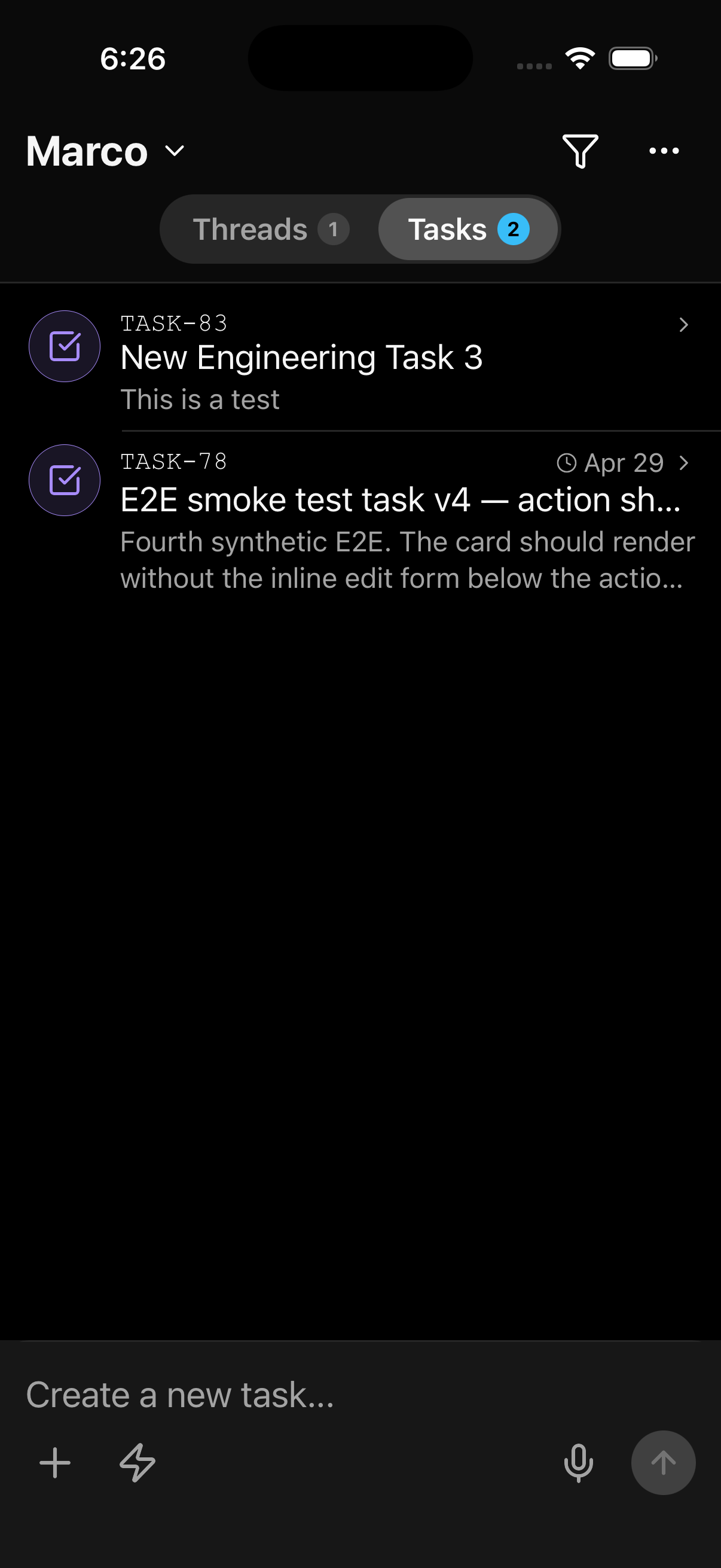 The Tasks tab in the ThinkWork mobile app showing external tasks routed in from LastMile