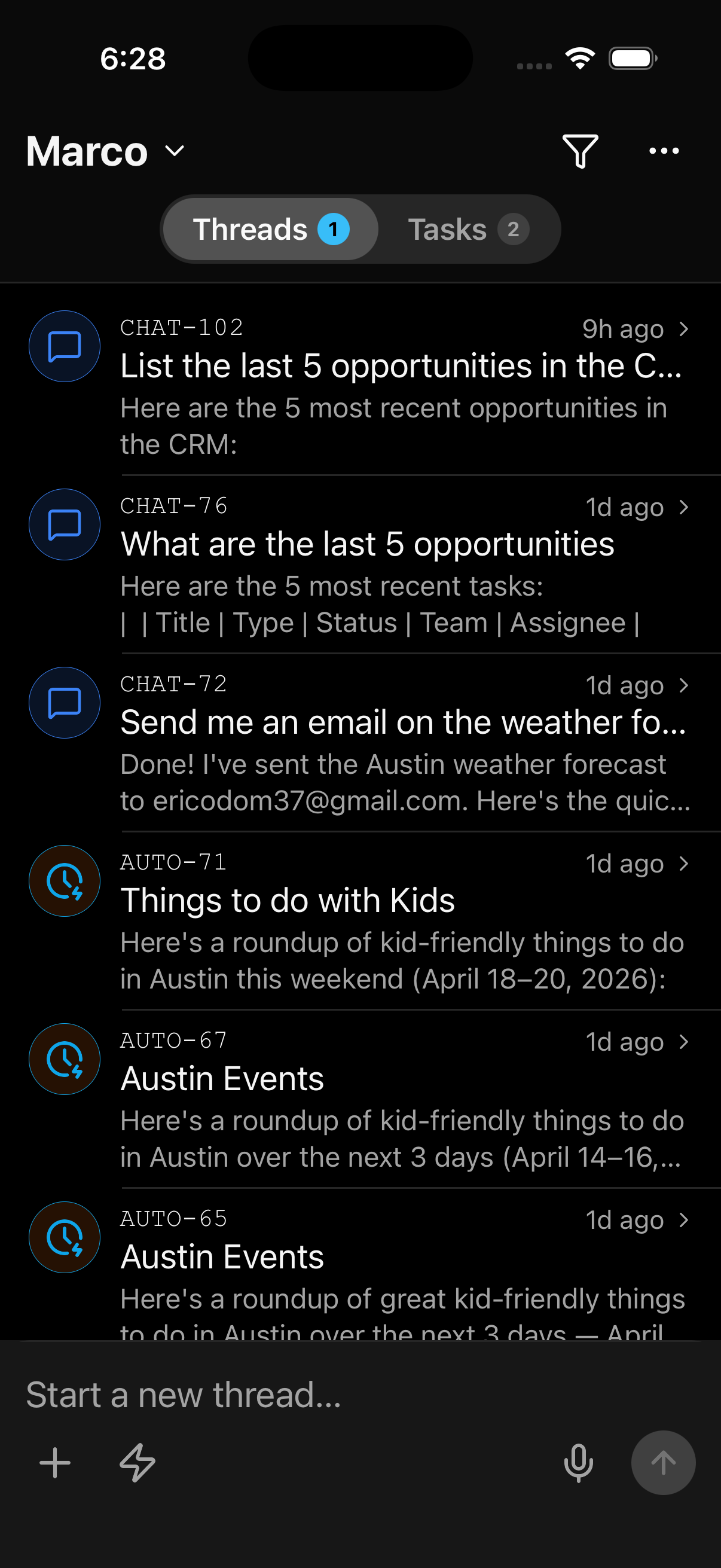 The Threads tab in the ThinkWork mobile app showing a unified inbox of chat threads, automations, and email threads